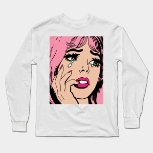 Pink Hair Sad Crying Girl Vintage Comic 50s Long Sleeve T-Shirt